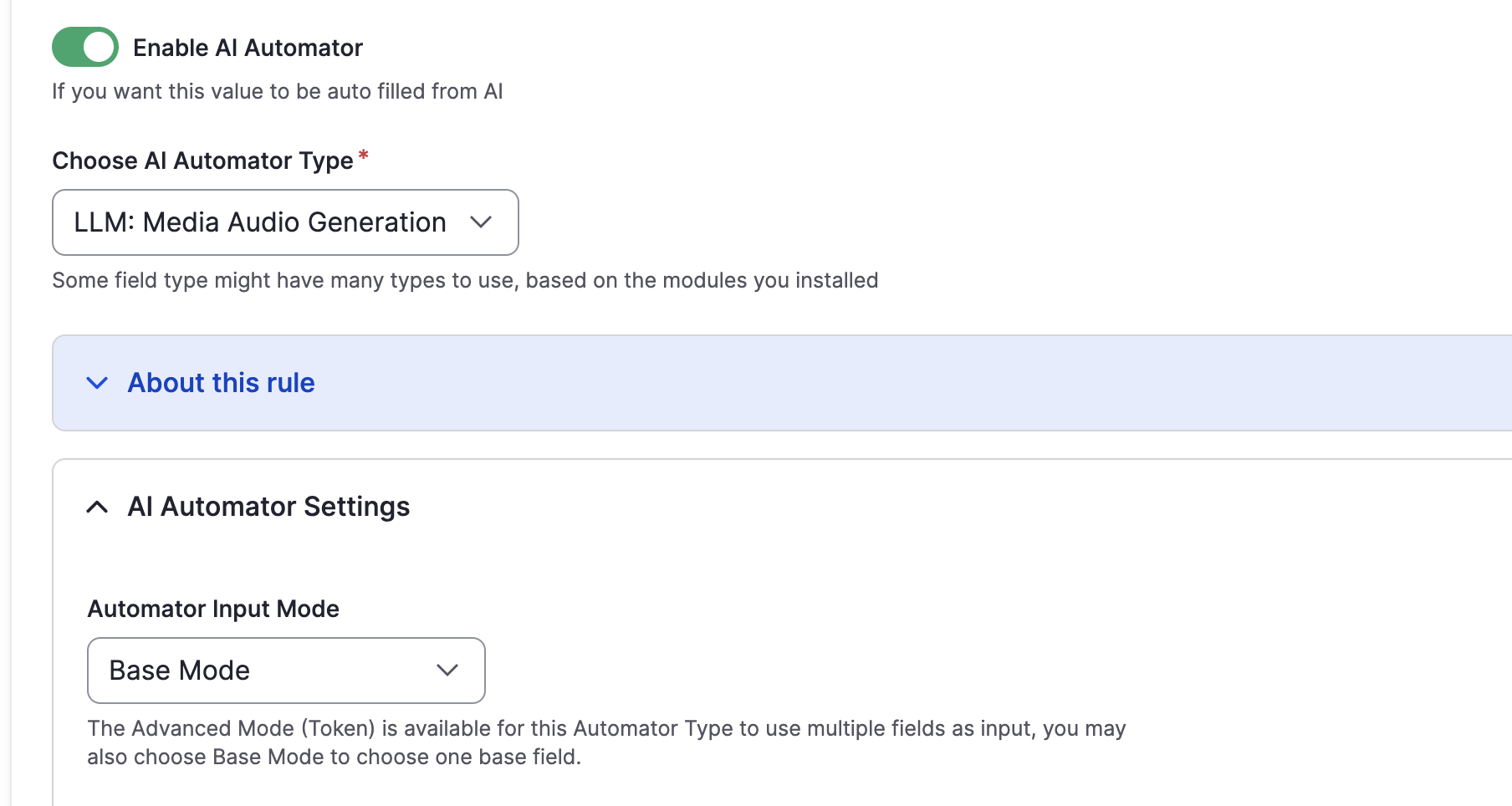 Enable AI Automator toggle and select Media Audio Generation
