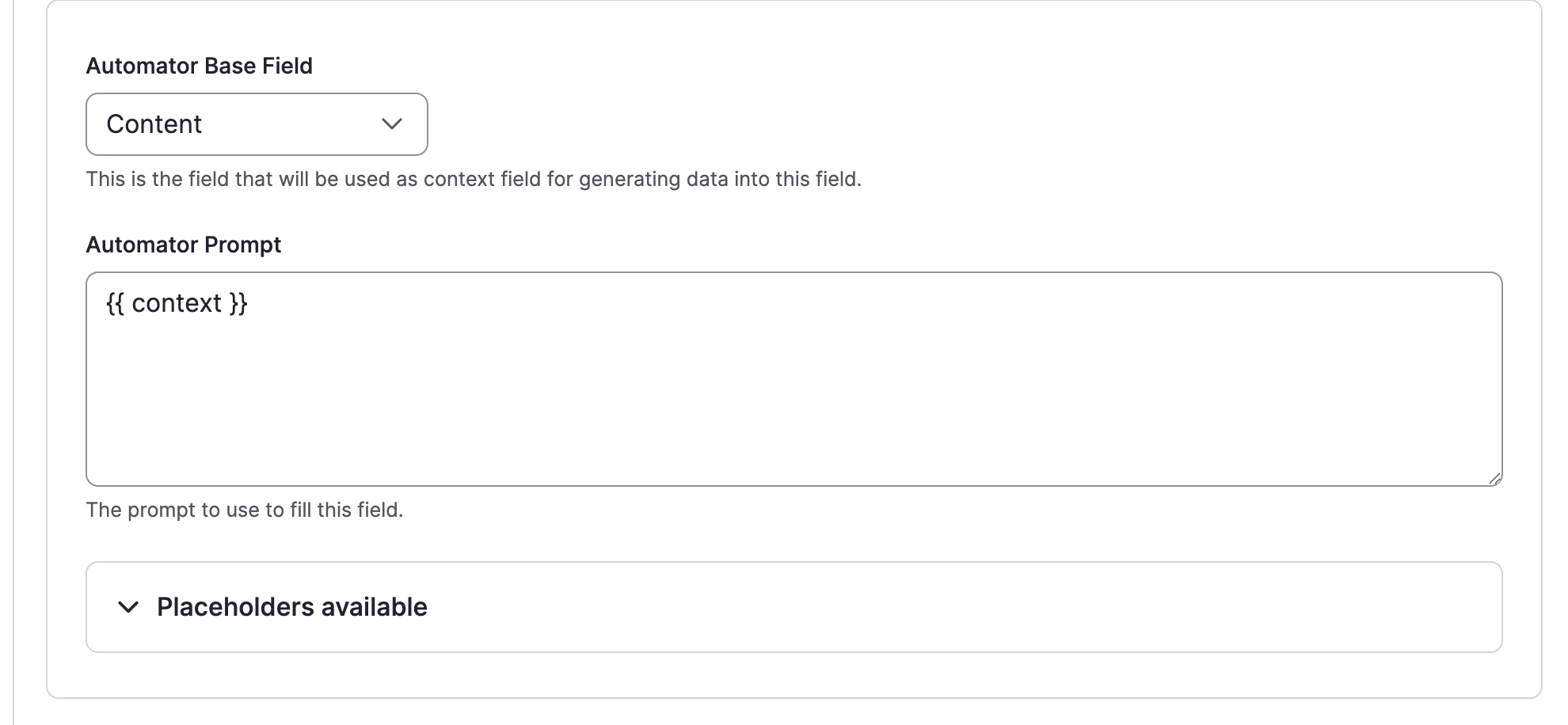 Automator base field and prompt configuration