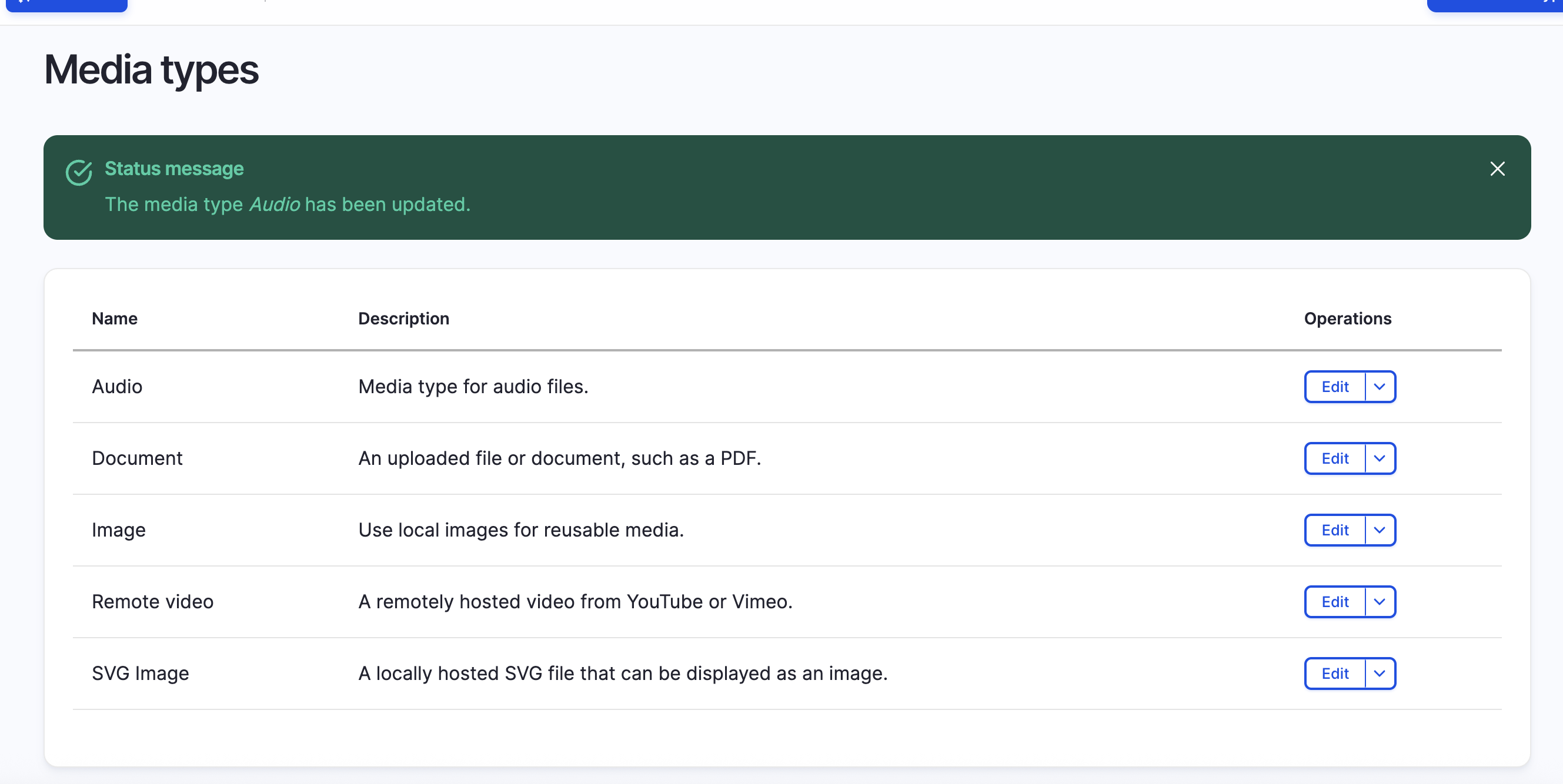 Media types page showing Audio media type