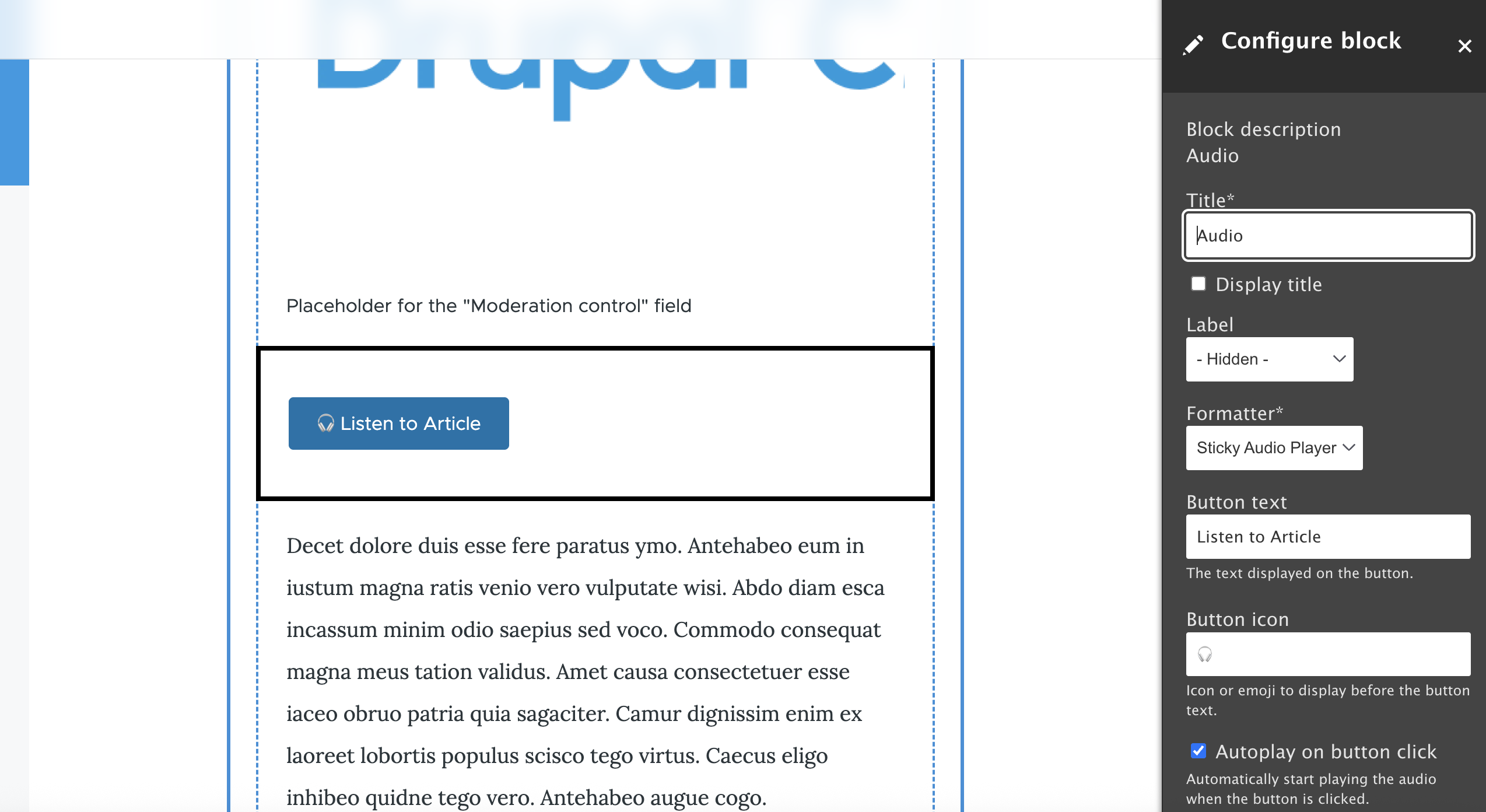 Sticky Audio Player block configuration options