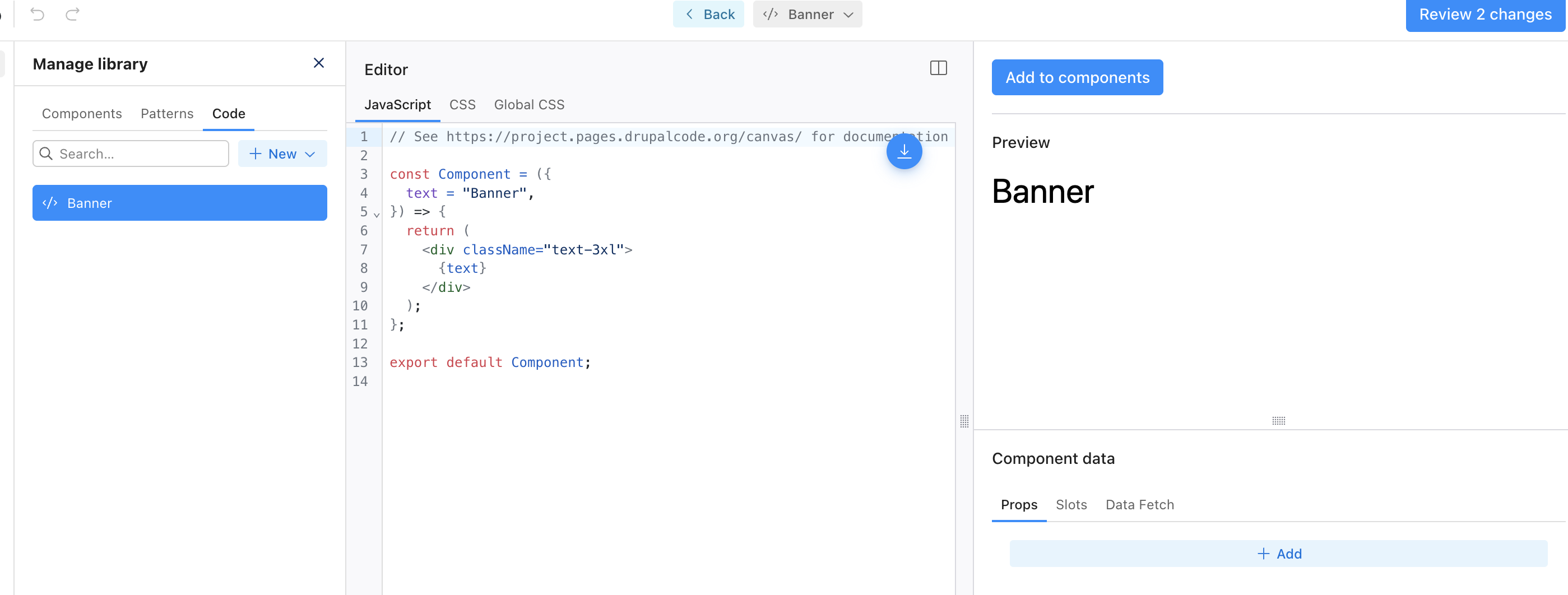 Canvas Code Component Editor