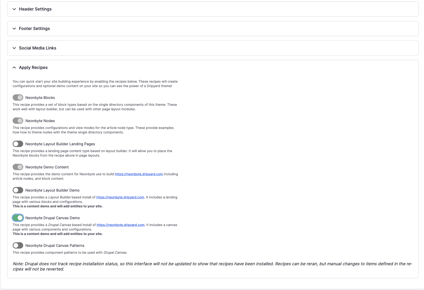 Dripyard recipe application settings